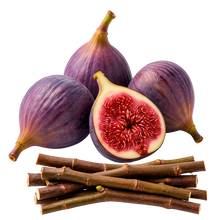 تحميل الصورة في عارض المعرض، Four purple figs on a white background, with one fig cut in half to show the red-pink interior, and several brown fig stems arranged in front.