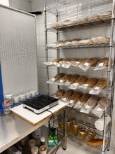 Load image into Gallery viewer, A stainless steel countertop with a black and white digital scale on a white cutting board, next to a large white mesh panel. To the right are tall wire shelving units stocked with numerous clear plastic bags of brown and beige dried or ground ingredients, with glass jars and bottles on the lower shelf.