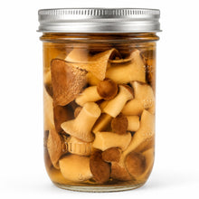 Load image into Gallery viewer, A clear glass mason jar with a silver metal lid, filled with sliced and whole mushrooms submerged in amber-colored liquid, shown on a white background.