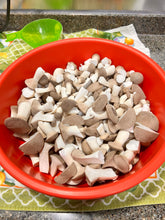Load image into Gallery viewer, A red plastic bowl filled with freshly chopped oyster mushrooms, placed on a green patterned kitchen towel on a speckled granite countertop.
