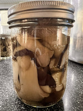 Load image into Gallery viewer, A clear glass mason jar with a silver metal lid, filled with sliced mushrooms submerged in a liquid, photographed on a dark countertop.