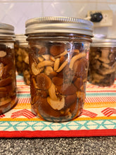 Load image into Gallery viewer, Several glass mason jars filled with sliced mushrooms soaking in liquid, arranged on a patterned orange, red, and teal cloth on a kitchen countertop.
