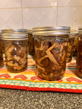 Load image into Gallery viewer, Several glass mason jars filled with sliced mushrooms and liquid contents, arranged on a patterned red, orange, and teal cloth on a speckled countertop with tiled backsplash behind.