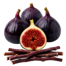 تحميل الصورة في عارض المعرض، Four dark purple whole figs with stems, one cut open in half showing red-brown flesh and seeds, and several brown fig stems arranged in front, isolated on a white background.