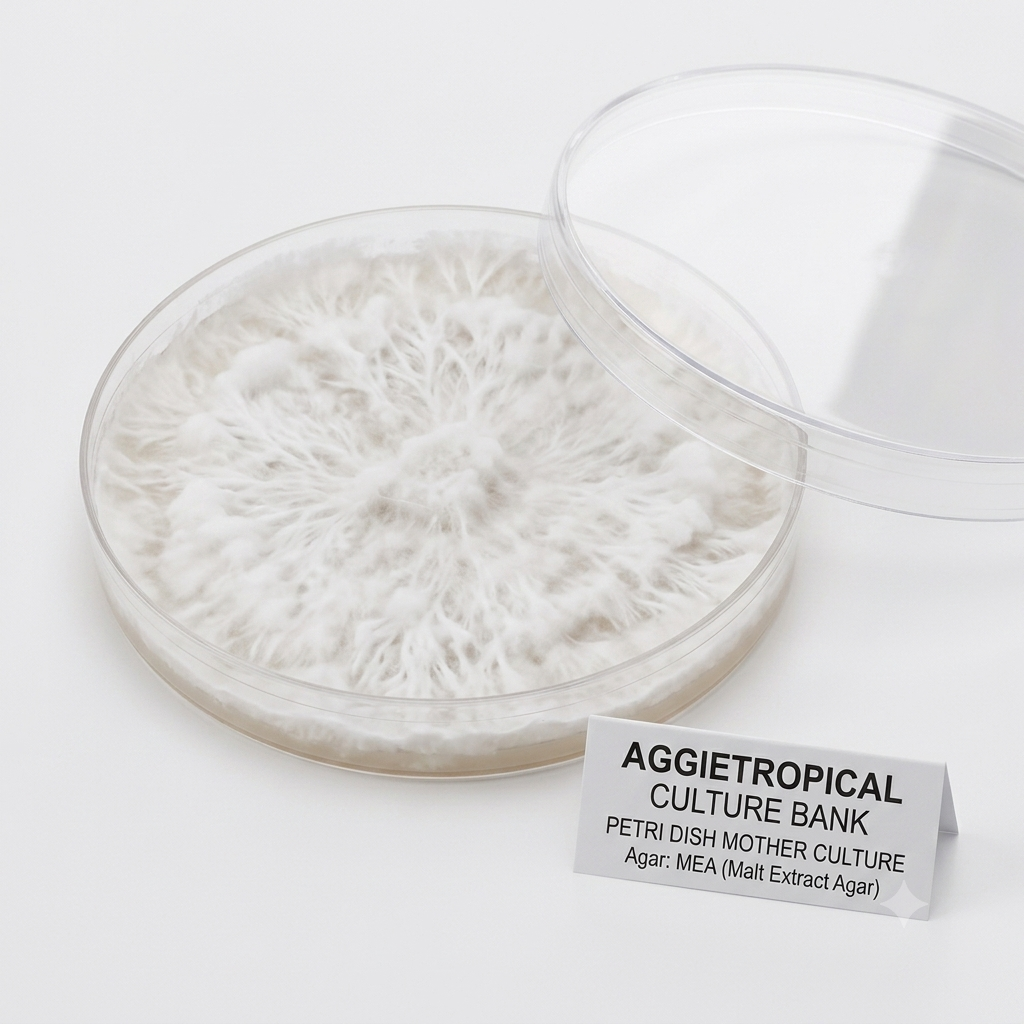 A petri dish containing a white fuzzy fungal culture, with its clear lid leaning against the dish on a white background. A small label reads 'AGGRIETROPICAL CULTURE BANK PETRI DISH MOTHER CULTURE'.