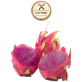 Three American Beauty dragon fruit pieces on a white background, including two halves showing bright magenta flesh with dark seeds and one whole fruit with pink skin and green-yellow tips. A circular 'CUTTING' icon appears above.