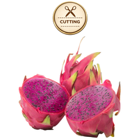 Three American Beauty dragon fruit pieces on a white background, including two halves showing bright magenta flesh with dark seeds and one whole fruit with pink skin and green-yellow tips. A circular 'CUTTING' icon appears above.