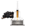 A clear acrylic and glass syringe-style container filled with amber liquid, mounted on a silver base engraved with 'AGGJETROPICALS ANNULOHYPXYLON ARCHERI PREMIUM LIQUID MYCELIUM 10cc'. A black fungal cluster sits to the left on a white background.