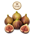Five whole and two halved figs arranged on a white background, with a circular 'CUTTING' icon above them. The figs show brown-purple skins and pinkish-red interiors.