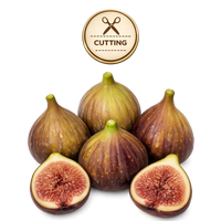 Five whole and two halved figs arranged on a white background, with a circular 'CUTTING' icon above them. The figs show brown-purple skins and pinkish-red interiors.