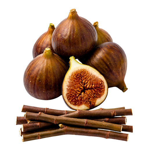 Several dark brown figs with one cut open to show the inner seeds, arranged above a bundle of brown fig stalks on a plain white background.