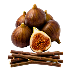 تحميل الصورة في عارض المعرض، Several dark brown figs with one cut open to show the inner seeds, arranged above a bundle of brown fig stalks on a plain white background.
