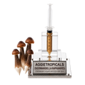 A novelty syringe-shaped liquid mycelium grow kit by Aggietropicals, featuring a clear plastic syringe filled with amber liquid mounted on a clear acrylic stand, set on a silver metal base with a silver label reading 'AGGIETROPICALS OUDEMANSIELLA RAPHANIPES PREMIUM LIQUID MYCELIUM 10CC'. Five realistic brown and white mushrooms are displayed to the left of the base against a clean white background.