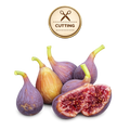 Several fresh figs with purple skins and pale green stems are arranged on a white background, with one fig cut open to show the red-purple seed interior. A circular gold badge at the top reads “CUTTING” with scissors icon.