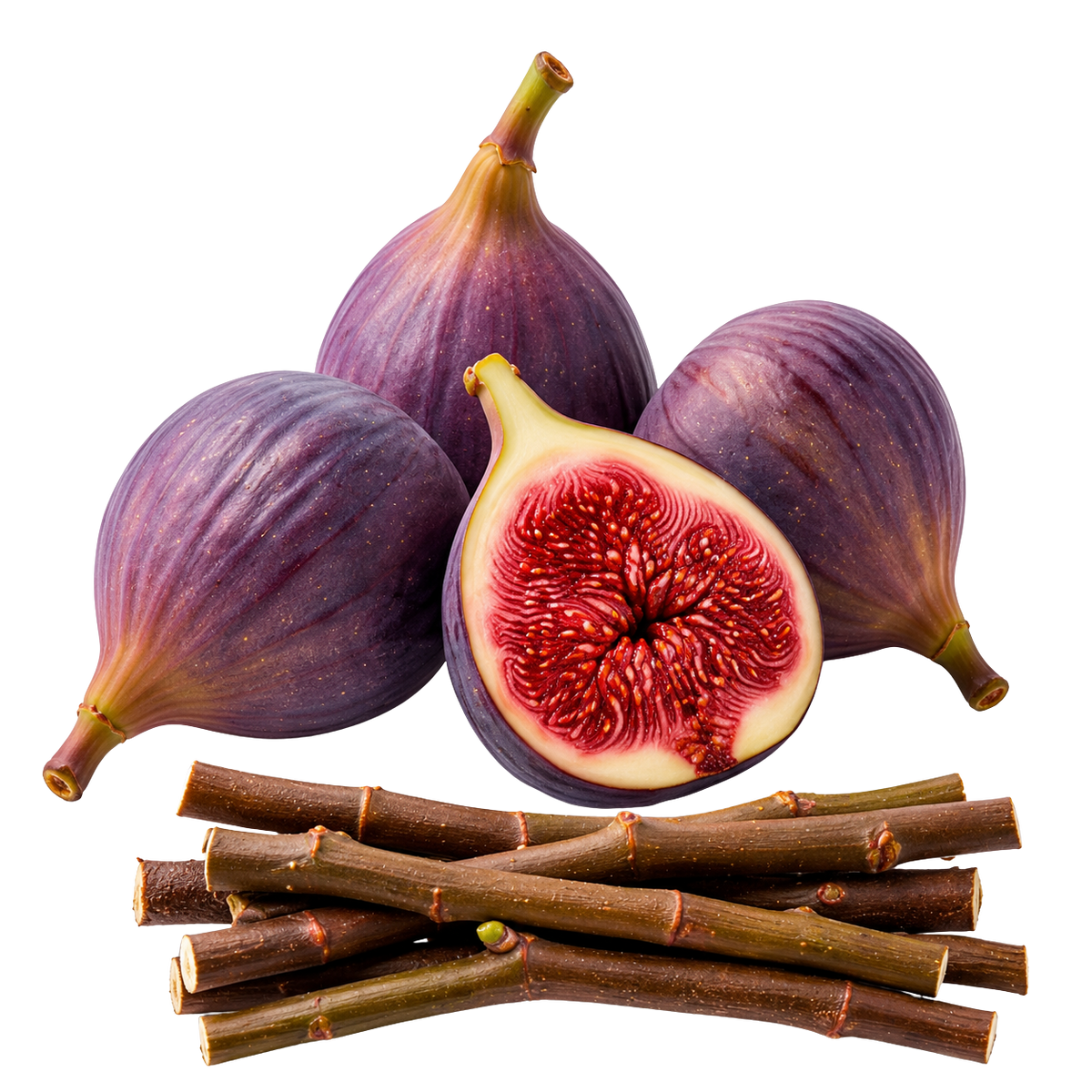 Four purple figs on a white background, with one fig cut in half to show the red-pink interior, and several brown fig stems arranged in front.