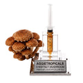 A dense cluster of Chestnut mushrooms with small golden-brown caps, beside a syringe filled with liquid mycelium culture mounted on a mirrored stand, labeled "AGGIETROPICALS, CHESTNUT, PREMIUM LIQUID MYCELIUM 10cc", on a white background.