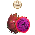 A whole and halved haleys commit dragon fruit on a white background, with a circular 'CUTTING' icon above it. The fruit has a reddish-pink skin and bright magenta-purple flesh with many small black seeds.