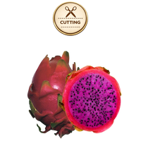 A whole and halved haleys commit dragon fruit on a white background, with a circular 'CUTTING' icon above it. The fruit has a reddish-pink skin and bright magenta-purple flesh with many small black seeds.