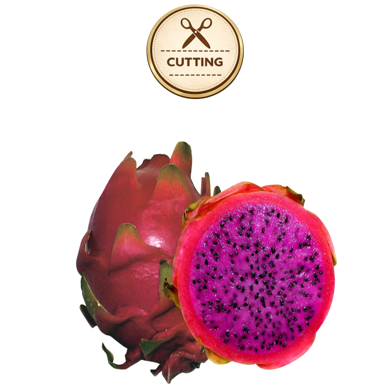 A whole and halved haleys commit dragon fruit on a white background, with a circular 'CUTTING' icon above it. The fruit has a reddish-pink skin and bright magenta-purple flesh with many small black seeds.
