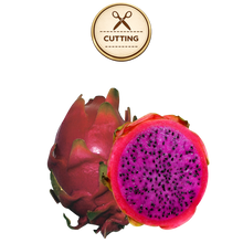 تحميل الصورة في عارض المعرض، A whole and halved haleys commit dragon fruit on a white background, with a circular 'CUTTING' icon above it. The fruit has a reddish-pink skin and bright magenta-purple flesh with many small black seeds.
