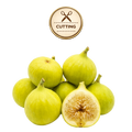 A pile of green figs on a white background, with one fig cut in half to show the inside. A circular badge at the top reads “CUTTING” with a scissors icon.