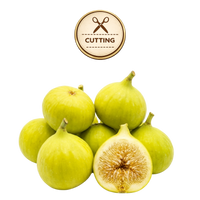 A pile of green figs on a white background, with one fig cut in half to show the inside. A circular badge at the top reads “CUTTING” with a scissors icon.