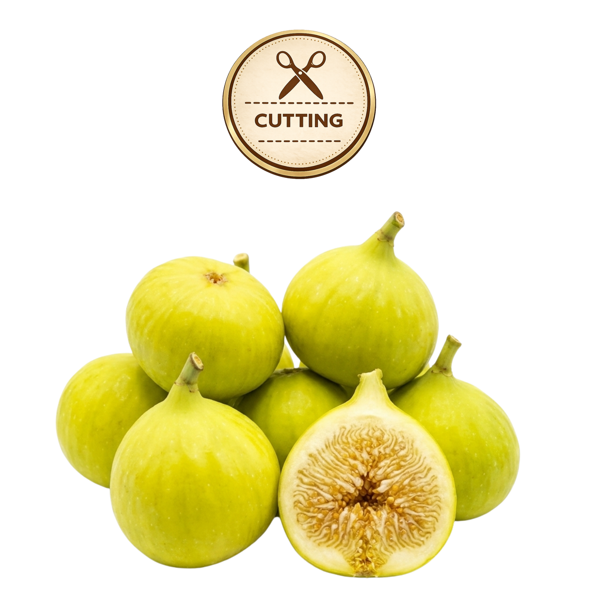 A pile of green figs on a white background, with one fig cut in half to show the inside. A circular badge at the top reads “CUTTING” with a scissors icon.