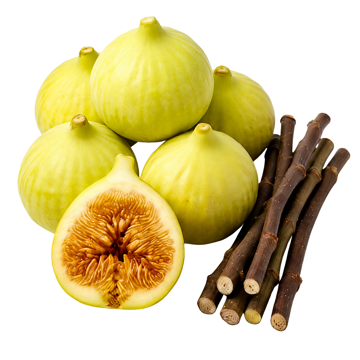 Fresh green figs with one cut open to show the orange-brown interior, alongside several dark brown fig stems, isolated on a white background.