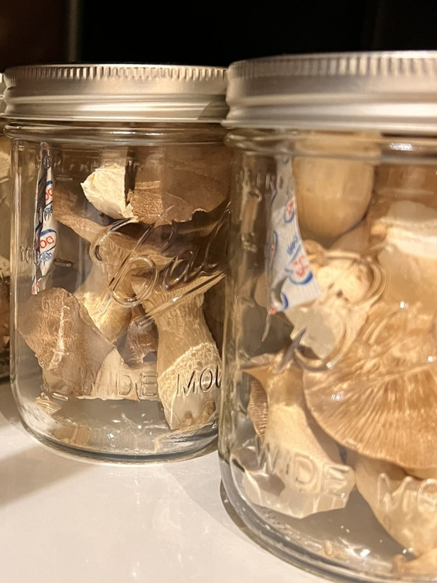 Two clear glass mason jars with silver metal lids, filled with dried mushrooms, photographed on a white surface against a dark background.