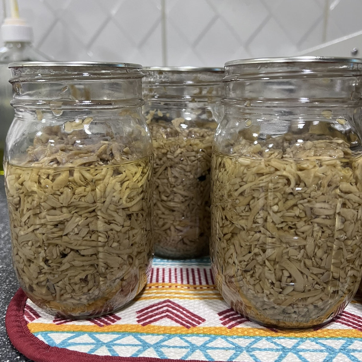 Three clear glass mason jars filled with shredded mushroom strands soaking in liquid, arranged on a patterned kitchen towel with a tiled backsplash in the background.