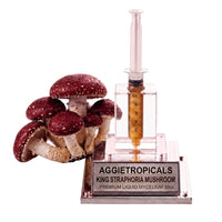 A cluster of King Stropharia mushrooms with reddish-brown caps and a ring on the stem, beside a syringe filled with liquid mycelium culture mounted on a mirrored stand, labeled "AGGIETROPICALS, KING STRAPHARIA, PREMIUM LIQUID MYCELIUM 10cc", on a white background.
