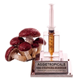 A mushroom cultivation display featuring several red-and-white Aggietropicals King Straphora mushrooms next to a clear acrylic syringe-style container filled with amber liquid and mounted on a branded base.