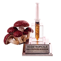A mushroom cultivation display featuring several red-and-white Aggietropicals King Straphora mushrooms next to a clear acrylic syringe-style container filled with amber liquid and mounted on a branded base.