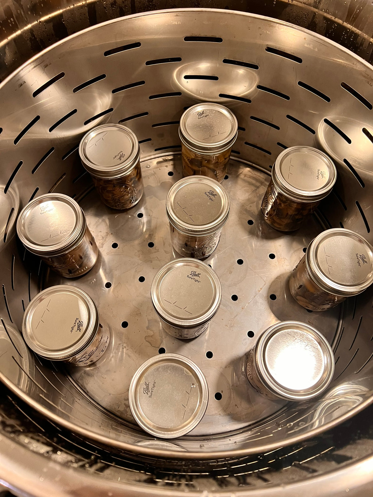 Several small glass jars with silver metal lids arranged inside a stainless steel canner steamer basket.