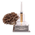 A 10g liquid mycelium spawn kit by Aggietropicals Maitake, featuring a Maitake mushroom, a clear plastic syringe filled with golden-brown liquid, and a clear acrylic stand with a silver metal base.