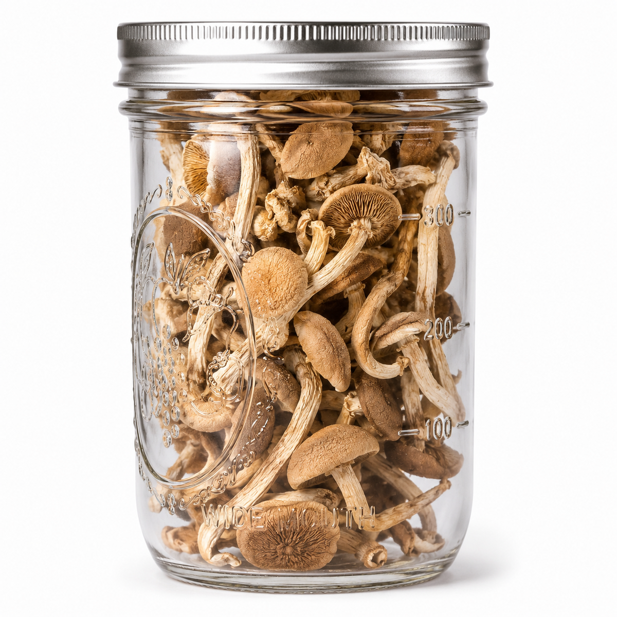 A clear glass mason jar with a silver metal lid, filled with dried brown mushrooms, shown against a plain white background.
