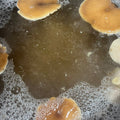 Several pioppino mushrooms simmering in a dark pot of boiling, foamy broth.