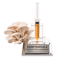 A 3D model of the Princess Pearl mushroom strain by Aggietropicals, featuring a cluster of off-white mushrooms next to a clear plastic syringe filled with orange liquid, mounted on a silver metal base with a silver nameplate.