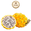 A yellow dragon fruit, shown both whole and halved to reveal a white flesh with black seeds, isolated on a white background with a 'CUTTING' stamp graphic above.