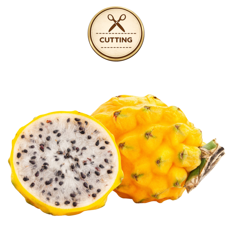 A yellow dragon fruit, shown both whole and halved to reveal a white flesh with black seeds, isolated on a white background with a 'CUTTING' stamp graphic above.