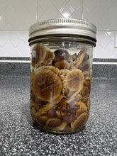 Load image into Gallery viewer, A clear glass mason jar with a silver metal lid, filled with sliced brown mushrooms, set on a speckled dark countertop against a white tiled backsplash.
