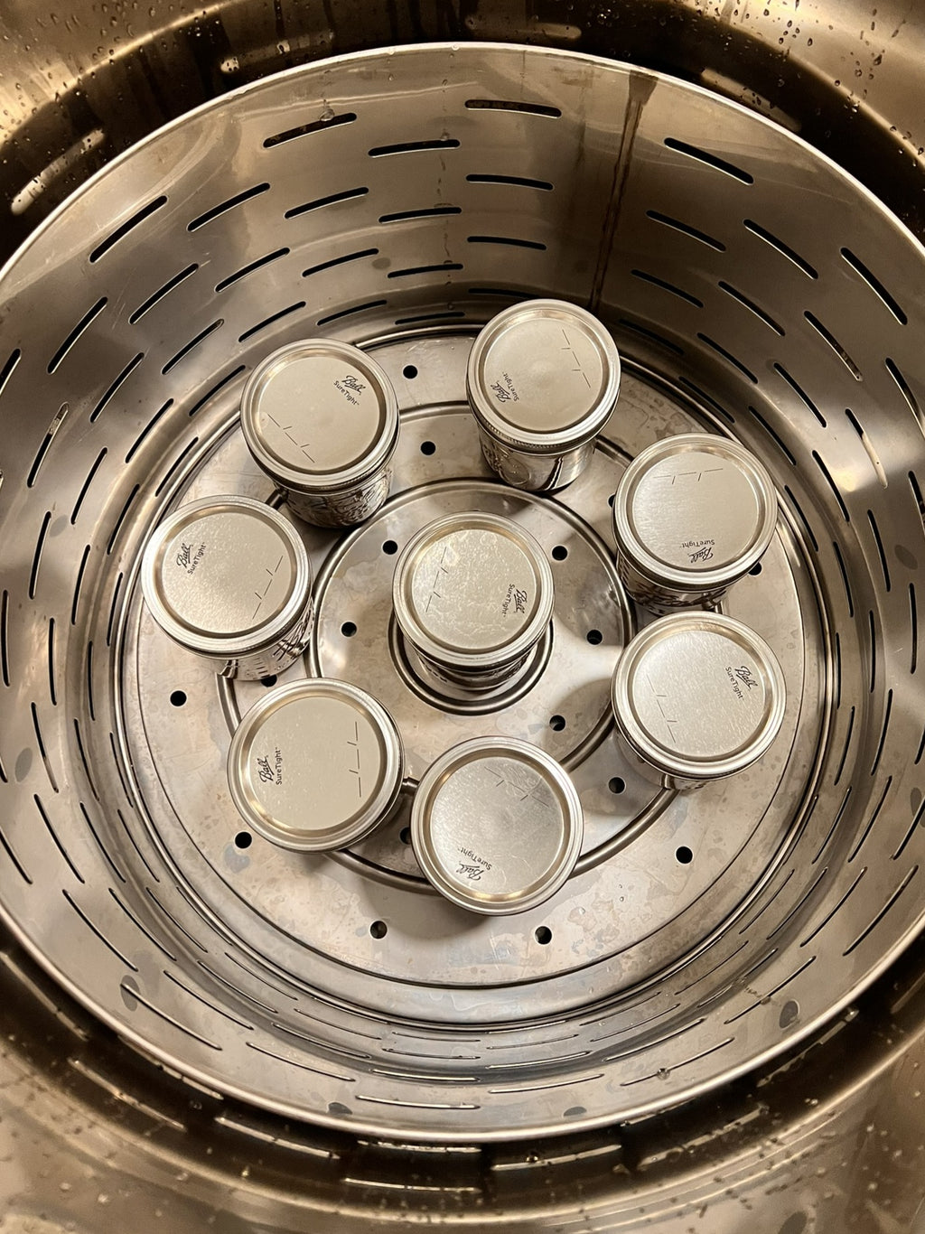 A stainless steel canner basket holding several metal can lids arranged in a circular pattern inside a large metal pot.