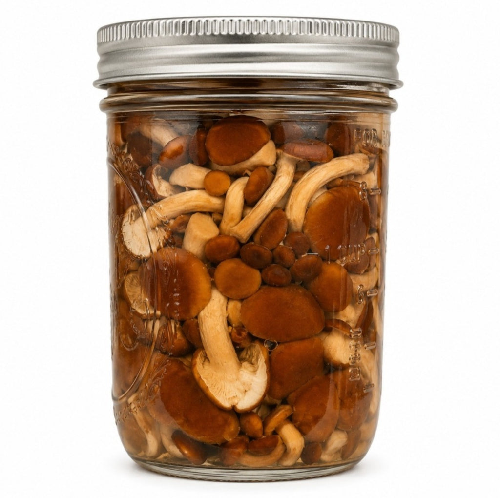 A clear glass mason jar with a silver metal lid, filled with pioppino mushrooms submerged in a liquid, photographed on a plain white background.