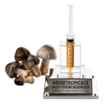 An AGGietropicals Paddy Straw Mushroom premium liquid mycelium 10cc syringe growing kit, featuring a clear acrylic syringe filled with golden liquid on a silver base, shown next to several realistic brown and beige mushrooms on a white background.