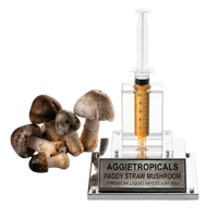 An AGGietropicals Paddy Straw Mushroom premium liquid mycelium 10cc syringe growing kit, featuring a clear acrylic syringe filled with golden liquid on a silver base, shown next to several realistic brown and beige mushrooms on a white background.
