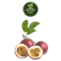 Three whole and two halved passion fruit fruits with green leaves, shown on a white background with a circular 'Rooted Plant' logo above.