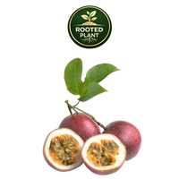 Three whole and two halved passion fruit fruits with green leaves, shown on a white background with a circular 'Rooted Plant' logo above.
