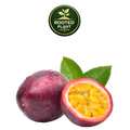 A whole and halved purple passion fruit with bright yellow-orange seeds and green leaves, shown on a white background with a green 'Rooted Plant' logo at the top.