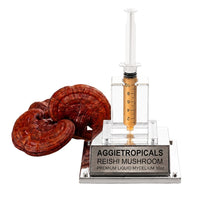 A Reishi mushroom with a glossy reddish-brown lacquered shelf-shaped cap, beside a syringe filled with liquid mycelium culture mounted on a mirrored stand, labeled "AGGIETROPICALS, REISHI, PREMIUM LIQUID MYCELIUM 10cc", on a white background.