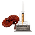 An AGGietropicals Reishi Mushroom premium liquid mycelium 10cc syringe product on a clear acrylic stand with a silver metal plaque, shown alongside dried reishi mushrooms on a white background.